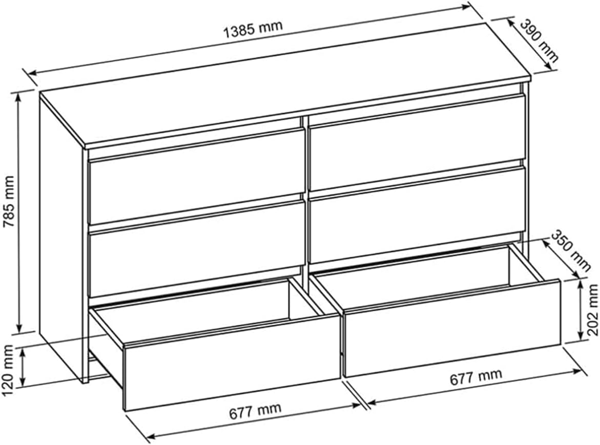 meble masztalerz Kommode Matt mit 6 Schubladen 140 cm, Sideboard Wohnzimmer, Kommode Schlafzimmer H: 78,5cm, B: 138,6 cm, T: 39 cm mit Schubladen, Schubladenschrank (Weiß Sonoma)