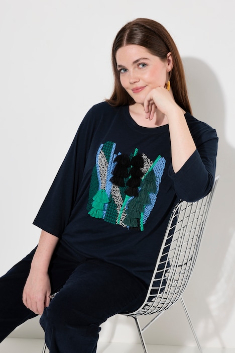 Shirt, Stickerei, Rundhals, 3/4-Arm, Biobaumwolle