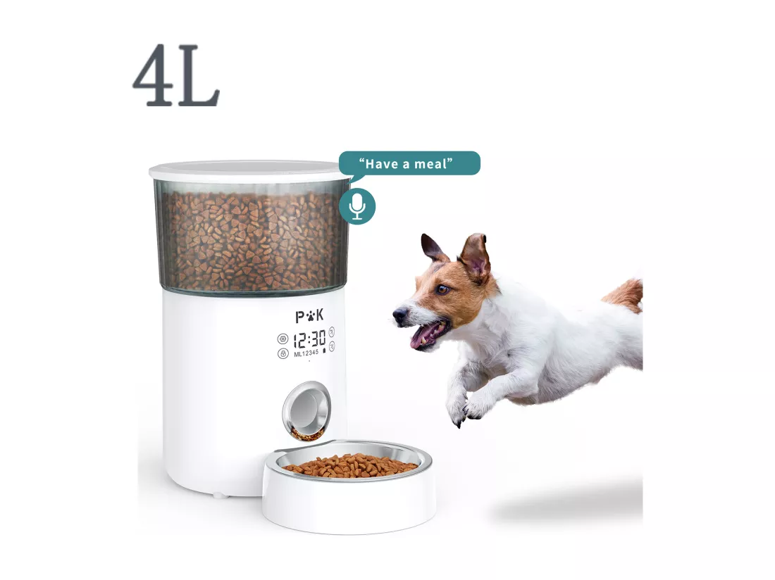M80 LCD Distributeur de Croquettes 4L p&k Chats/ Chiens Distributeur Automatique Nourriture avec Bol Inox F10S Vocal Programmable 5Repas/Jour,Blanc