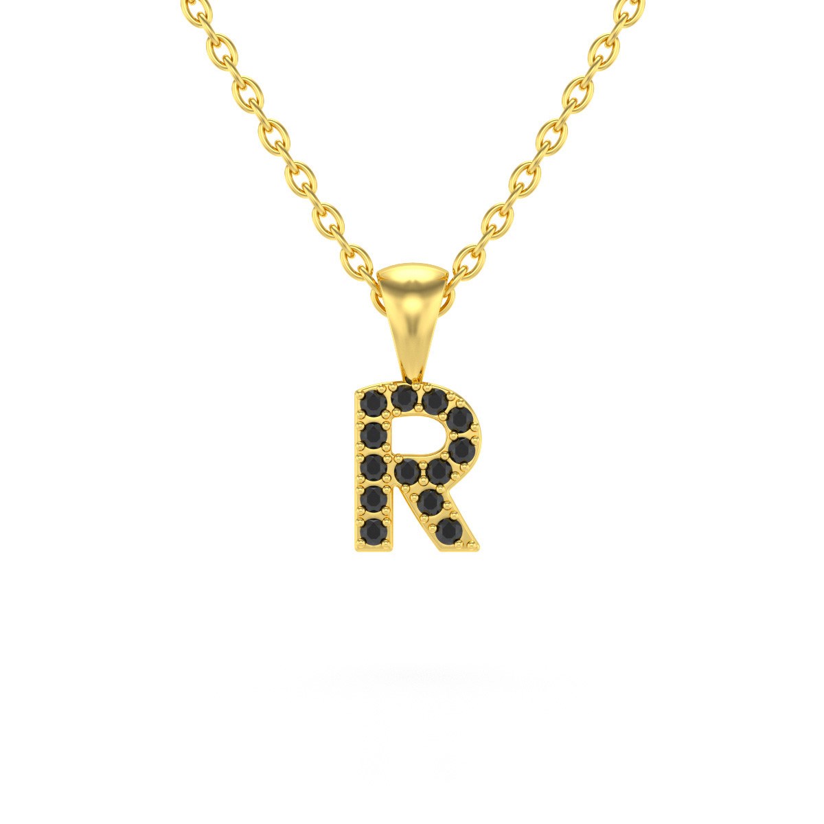 Collier Pendentif ADEN Lettre R Or 750 Jaune Diamant Noir Chaine Or 750 incluse 0.72grs