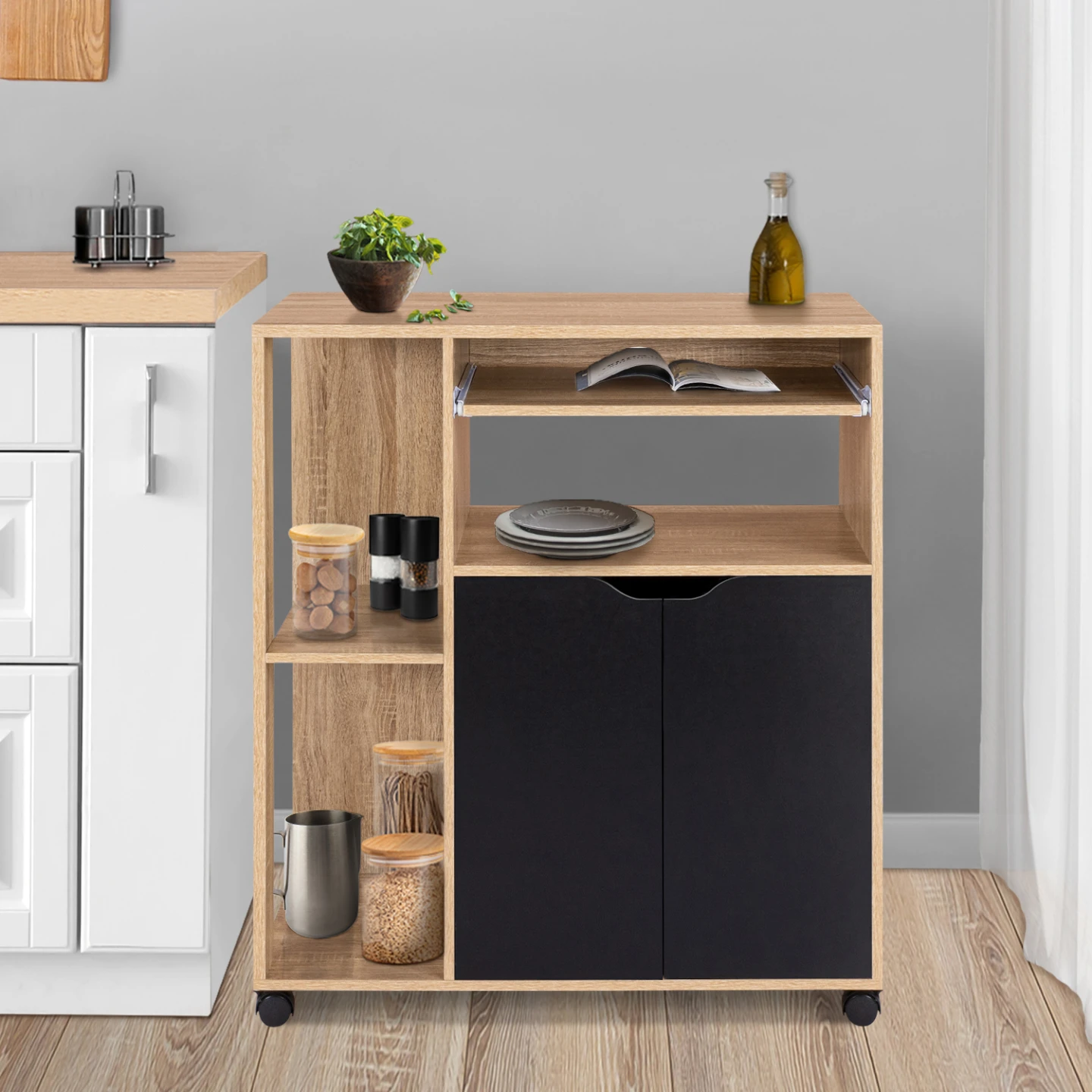 Desserte de cuisine COSI bois façon hêtre et portes noires L.76 CM