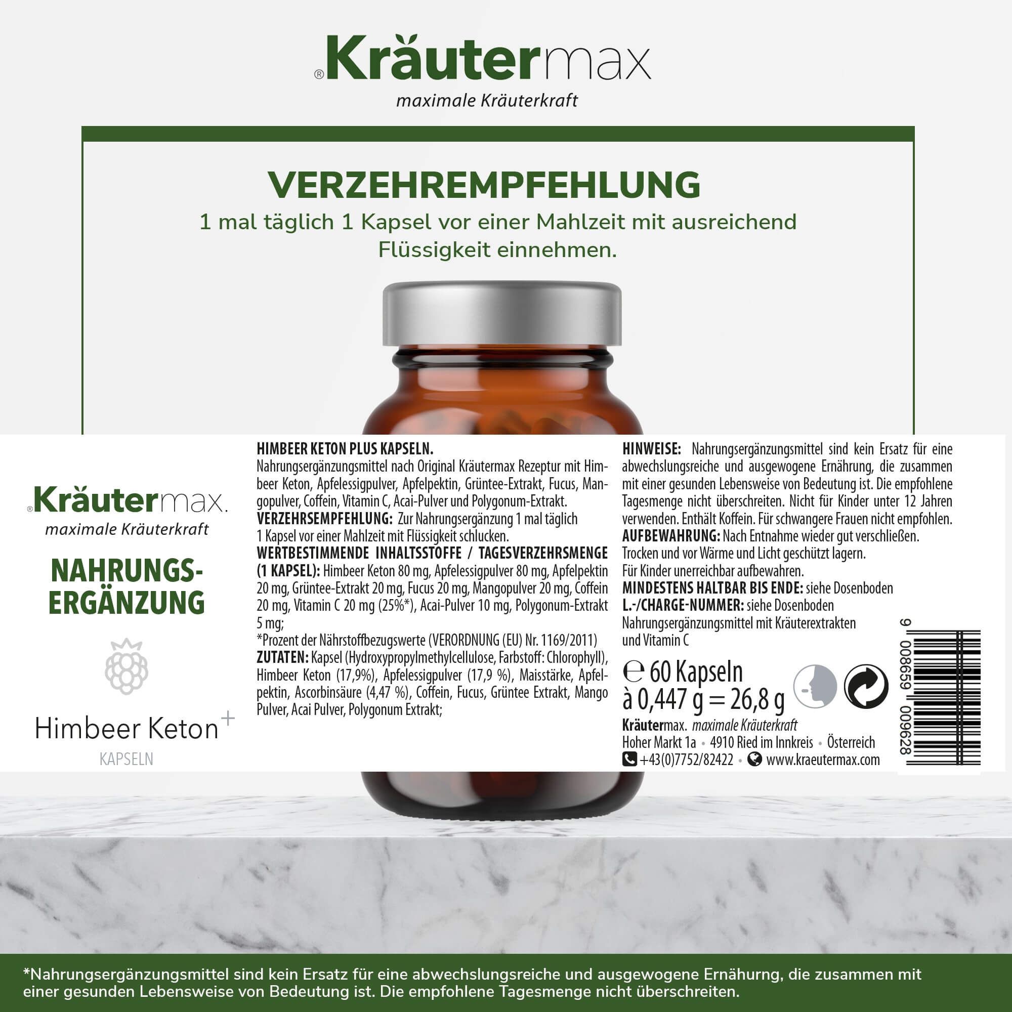 Kräutermax Himbeer Keton plus Grüntee, Acai Kapseln