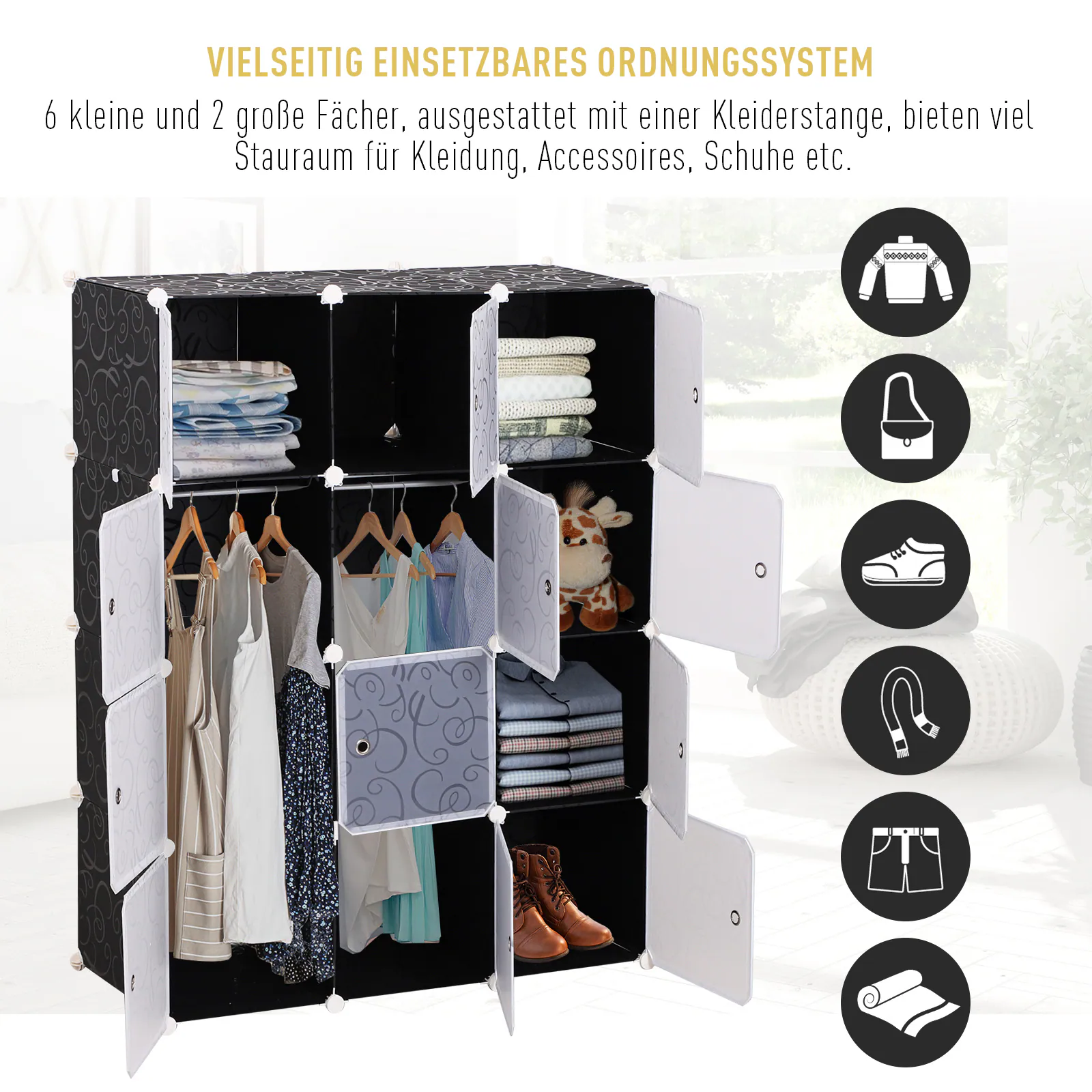 HOMCOM Kleiderschrank mit Stecksystem schwarz, weiß 47 x 111 x 145 cm (LxBxH)