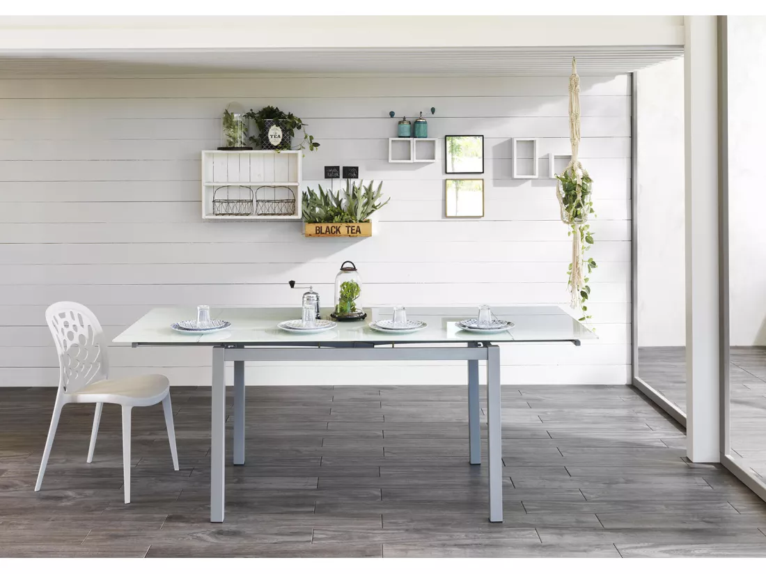 Baud Table Extensible (110/170 x 75 cm) en Verre Trempé Blanc