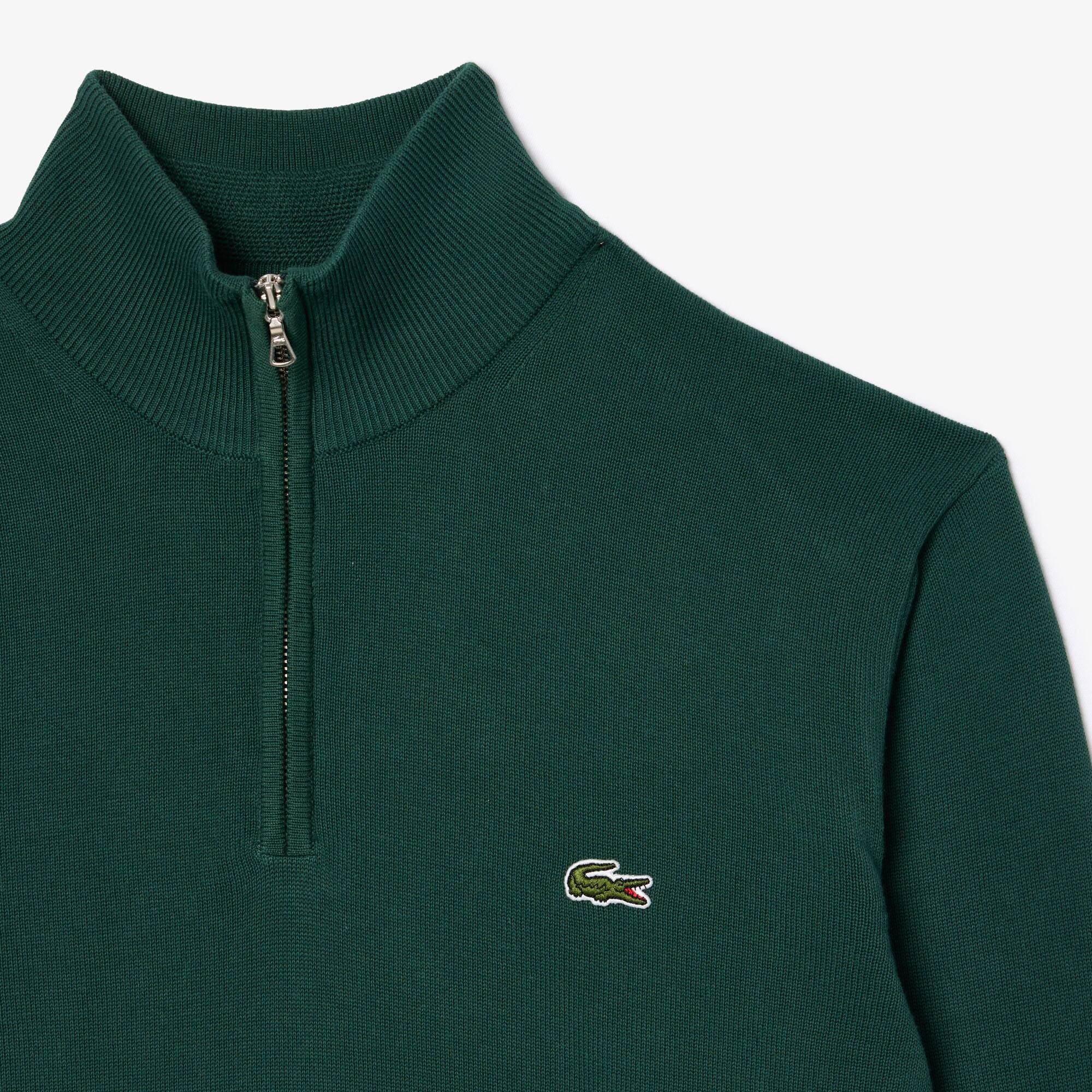 Pull zippé à col montant en coton biologique uni Pullovers - Vert - Lacoste - Homme