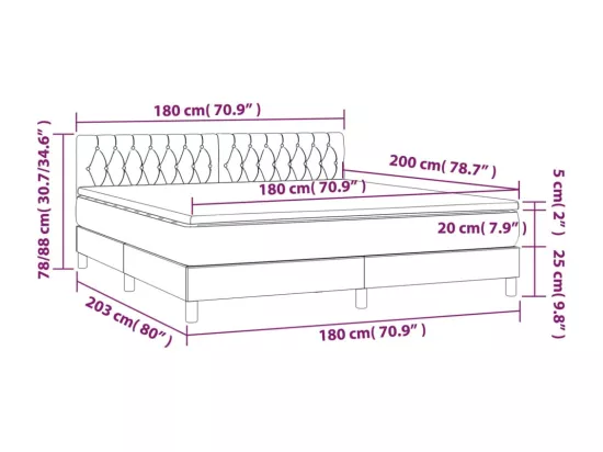 Sommier tapissier matelas et LED Marron foncé 180x200cm Tissu