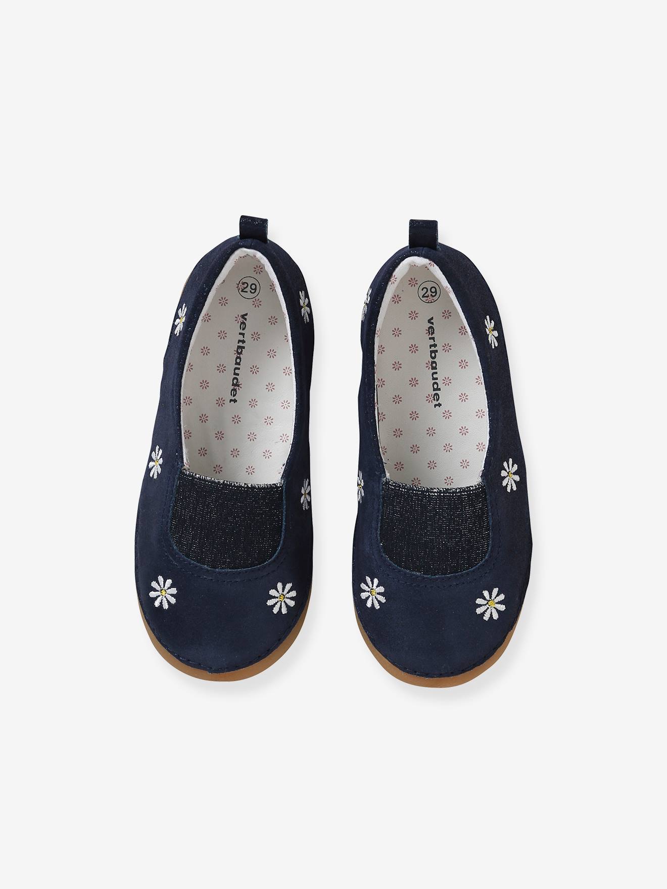 Pantufas de couro elásticas e flexíveis para meninas, lisas, azul-escuras.