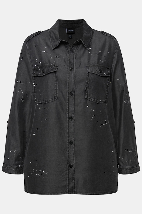 Jeansbluse, Acid Wash, Hemdkragen, Langarm