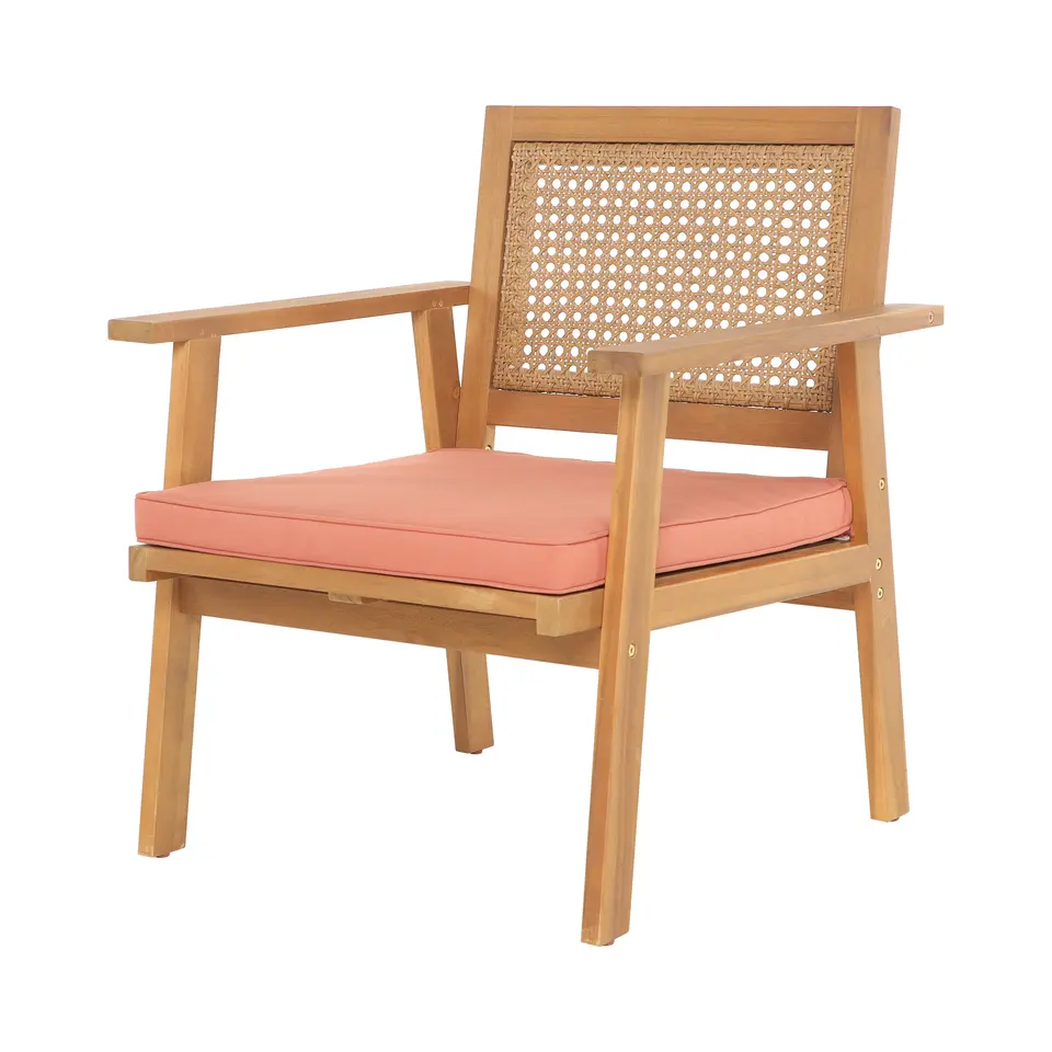 Rieten en massief houten tuinset in roze