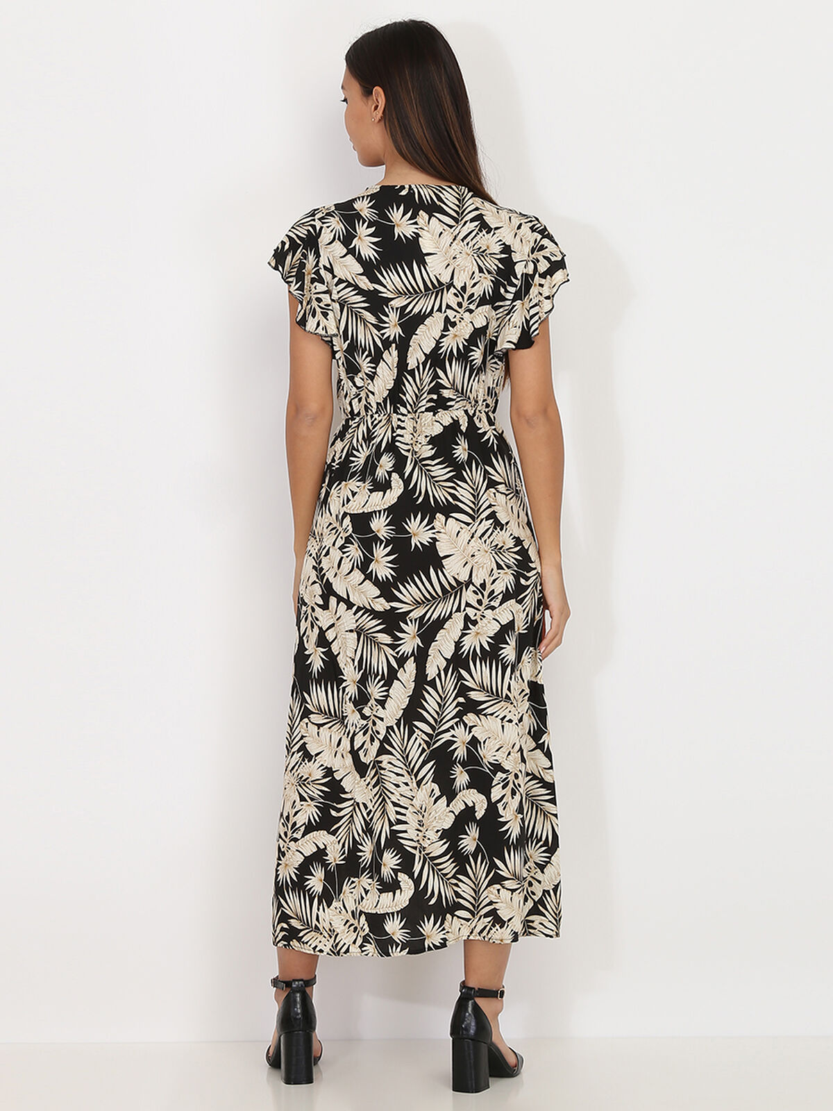 Robe longue à imprimé feuilles dorées- Noir