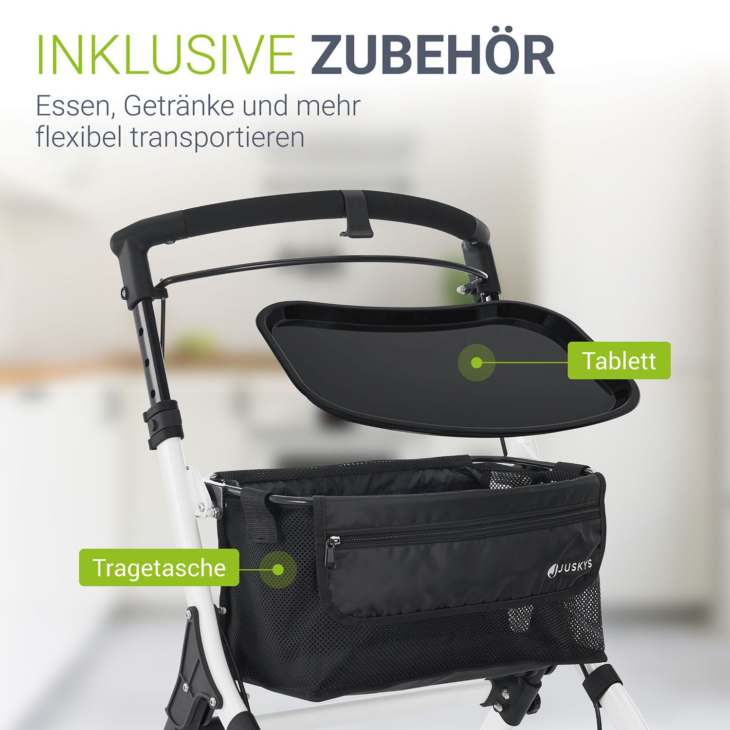 Juskys Aluminium Wohnungsrollator Aktiv - Tasche & Tablett - Rollator schmal & faltbar - Weiß