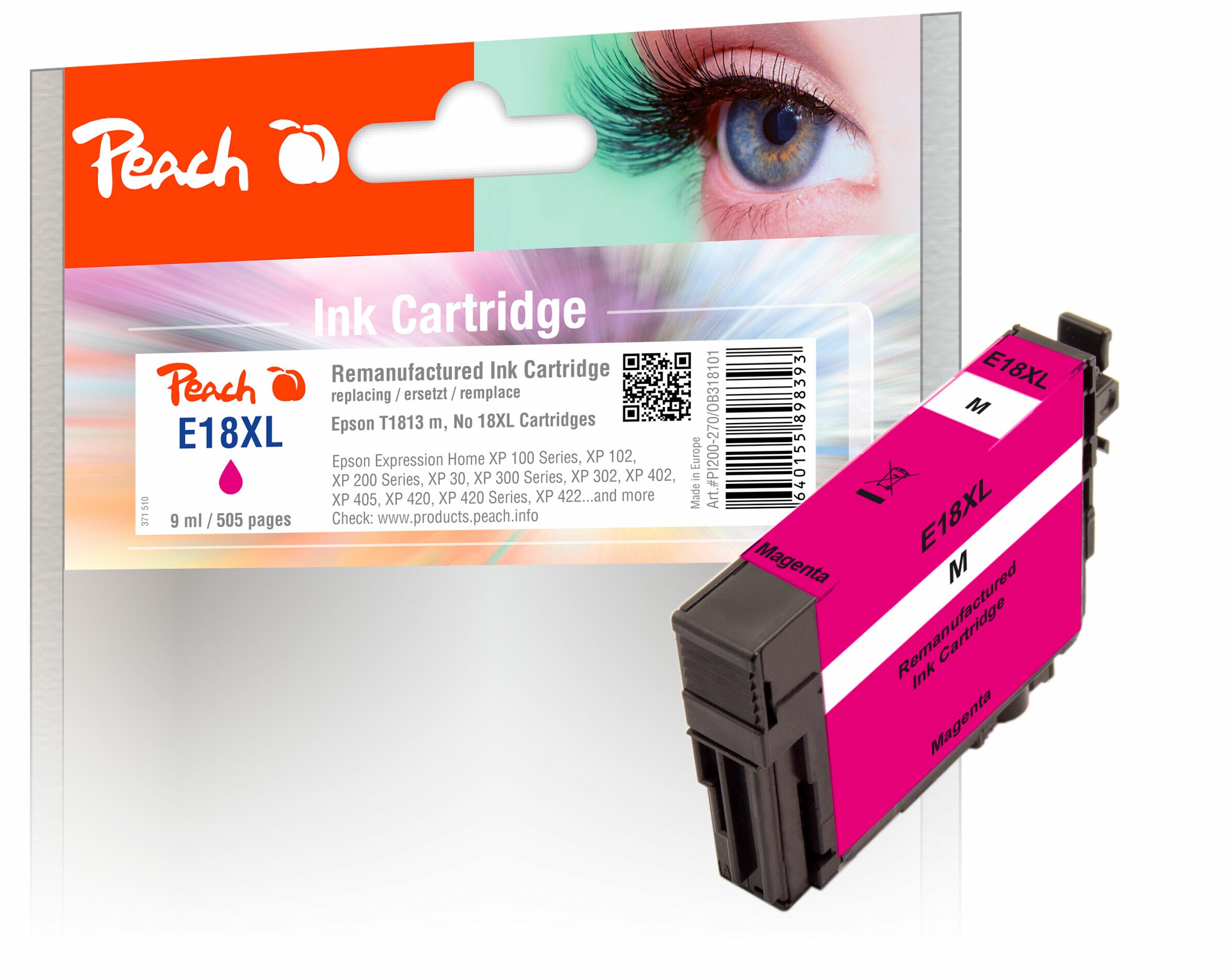 Peach E18 XLm Druckerpatrone XL ma ersetzt Epson No. 18XL m, C13T18134010 für z.B. Epson Expression Home XP -100, Epson Expression Home XP -102 (wiederaufbereitet)