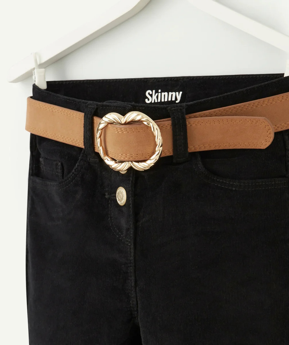 PANTALON SKINNY FILLE EN VELOURS NOIR AVEC CEINTURE MARRON