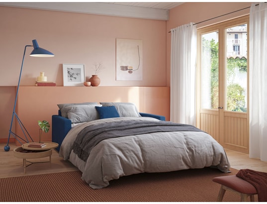 DIVANI.STORE - Canapé lit chris en tissu imperméable beige 3 places maxi