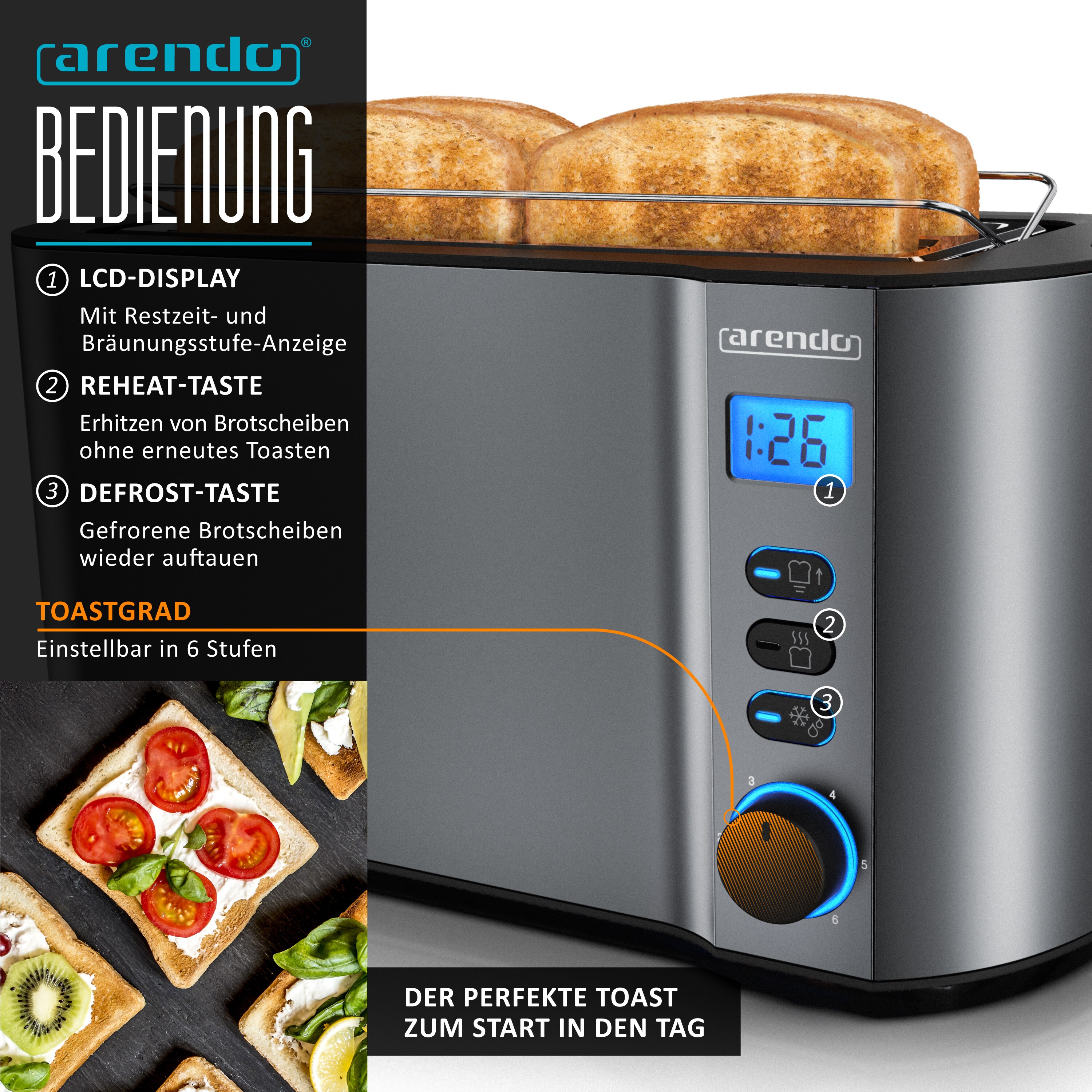 Arendo Frühstücks-Set, 6er Eierkocher SIXCOOK, Langschlitztoaster 4-Scheiben, Grau