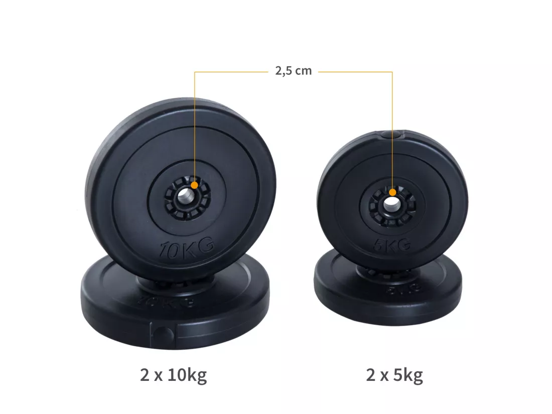 Disques de poids - lot de 4 disques d'haltère - ensemble de poids 5 Kg et 10 Kg - poids total 30 Kg - entraînement musculaire & haltérophilie - HDPE noir