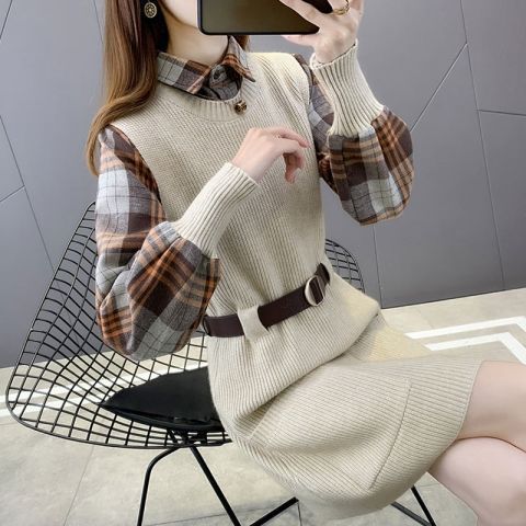 Maple Fair - Geruit overhemd / gebreide mini-overalljurk / riem / set