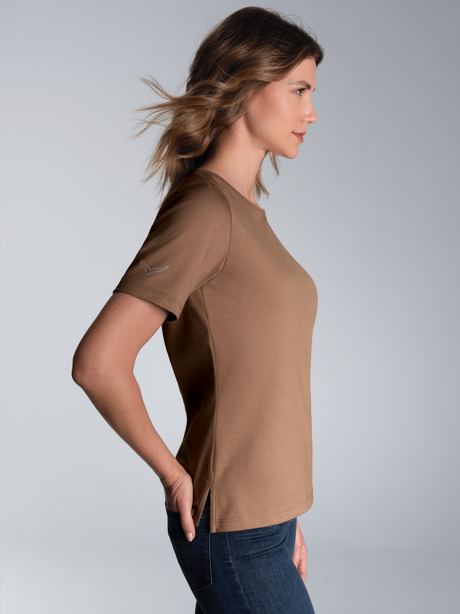 T-Shirt DELUXE Baumwolle mit Kristallsteinen Haselnuss