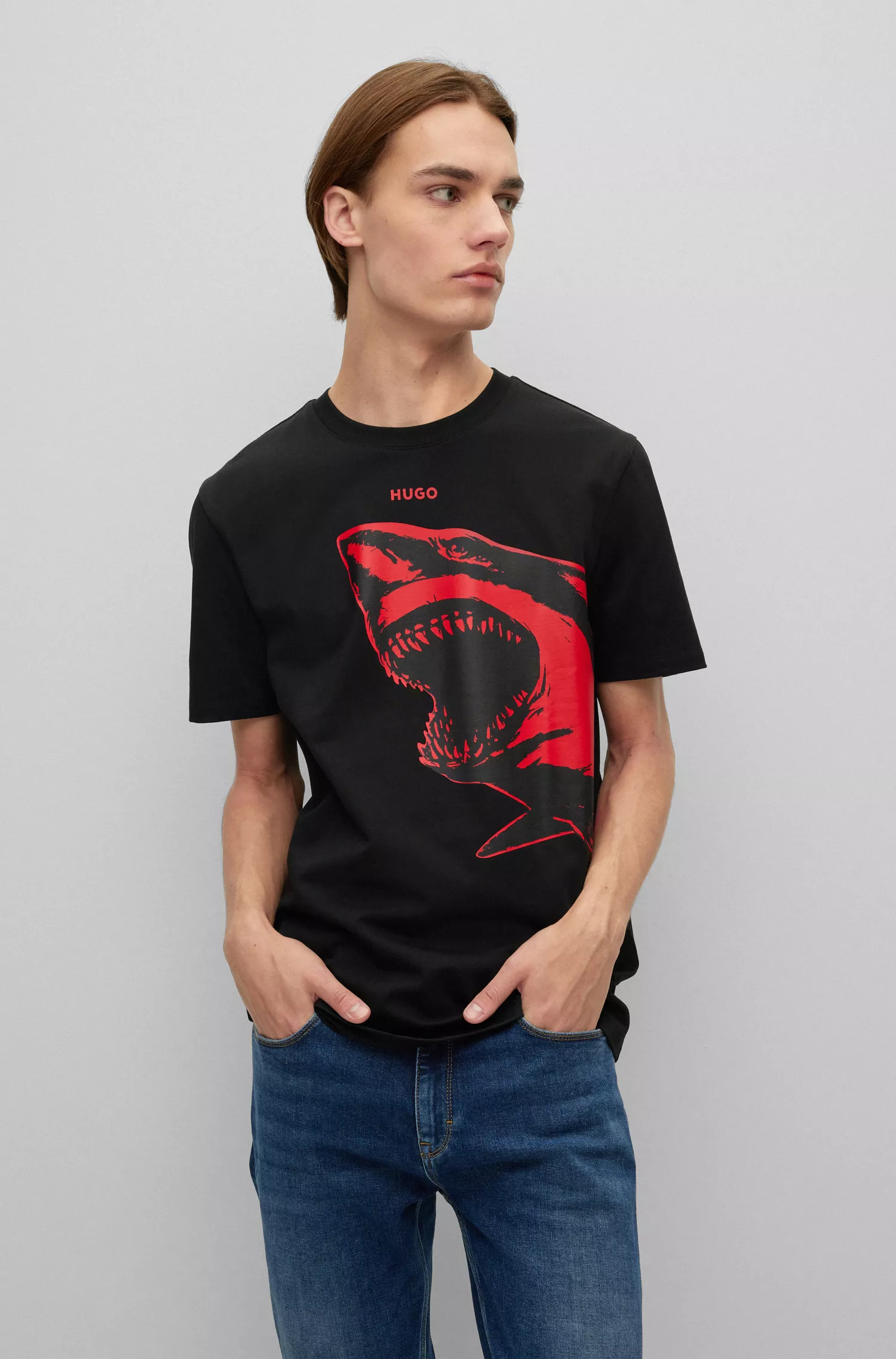 Camiseta HUGO vermelha em malha de algodão com estampa de tubarão vermelho