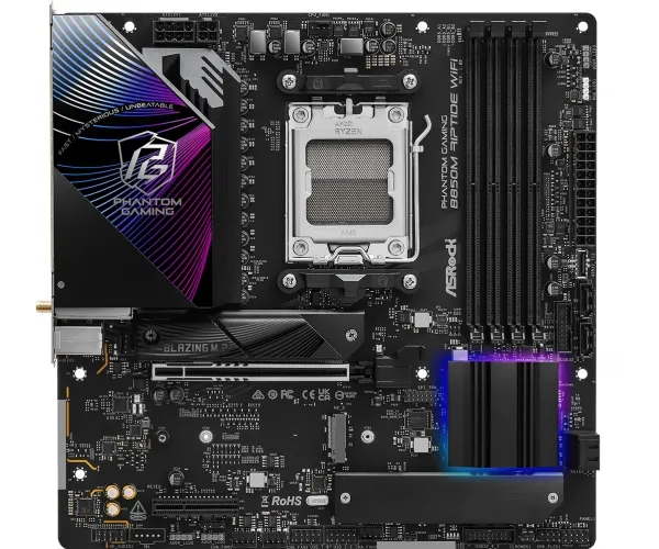 ASRock Phantom Gaming B850M RIPTIDE WIFI - Bundkort - micro ATX - Socket AM5 - AMD B850 Chipset - USB 3.2 Gen 2, USB-C 3.2 Gen2, USB 3.2 Gen 1 - 2.5 Gigabit LAN, Wi-Fi 7, Bluetooth - onboard grafik (CPU påkrævet) - HD Audio (8-kanaler)
