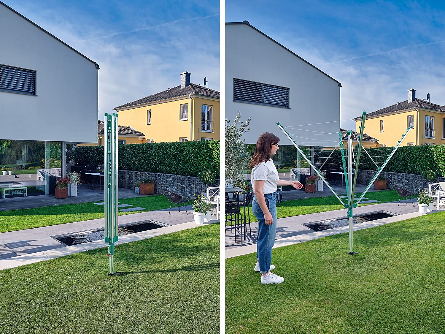Leifheit Linomatic V400 droogmolen met automatische lijnintrekking voor strakke lijnen, 40 m lijnlengte voor 4 wasbeurten, met Easy-Lift-systeem voor eenvoudig openen, inclusief bodemhuls en wasknijpers