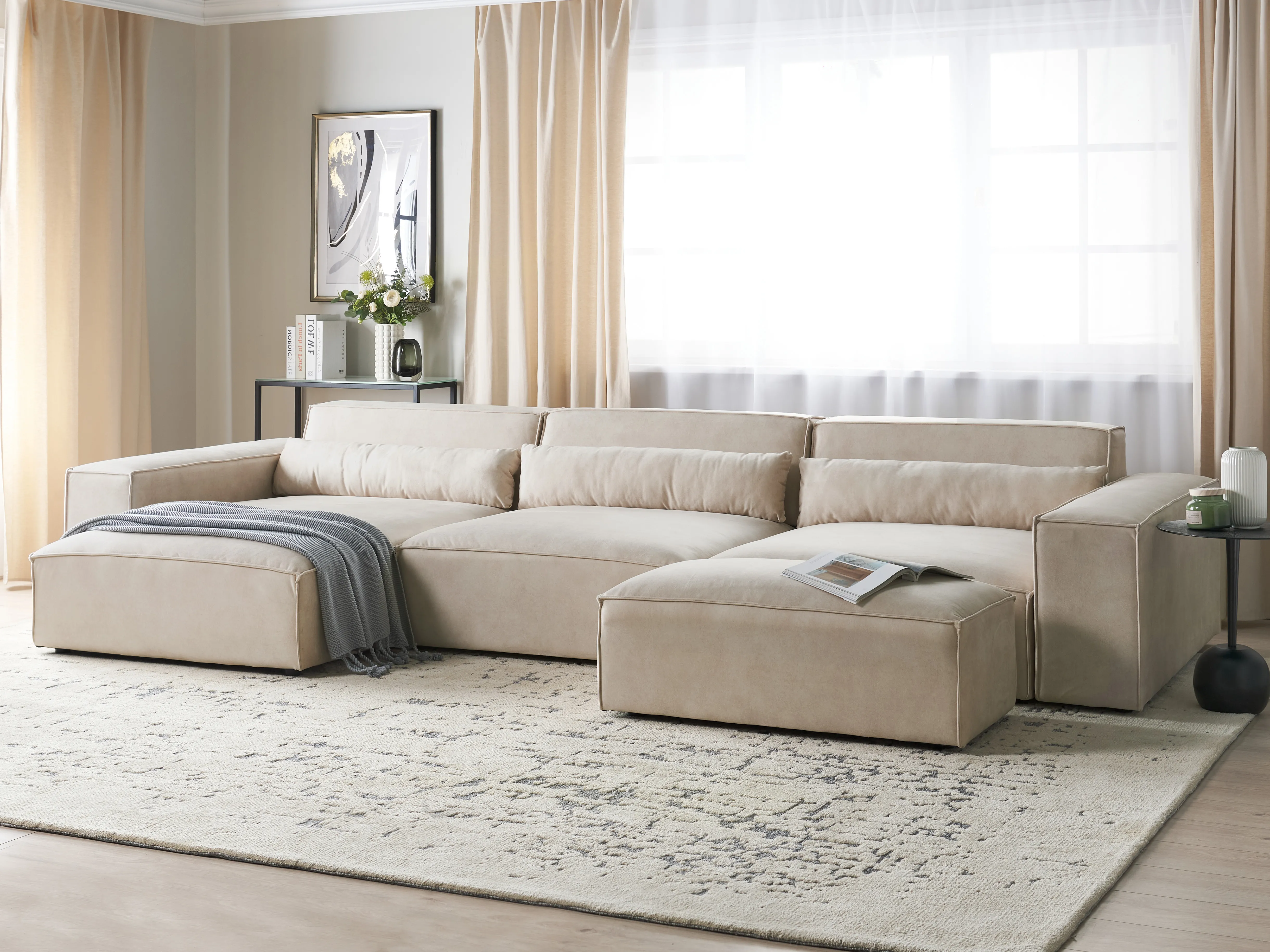 Modulaire hoekbank 3-zits HELLNAR Fluweel Lichtbeige met ottomaan rechtszijdig
