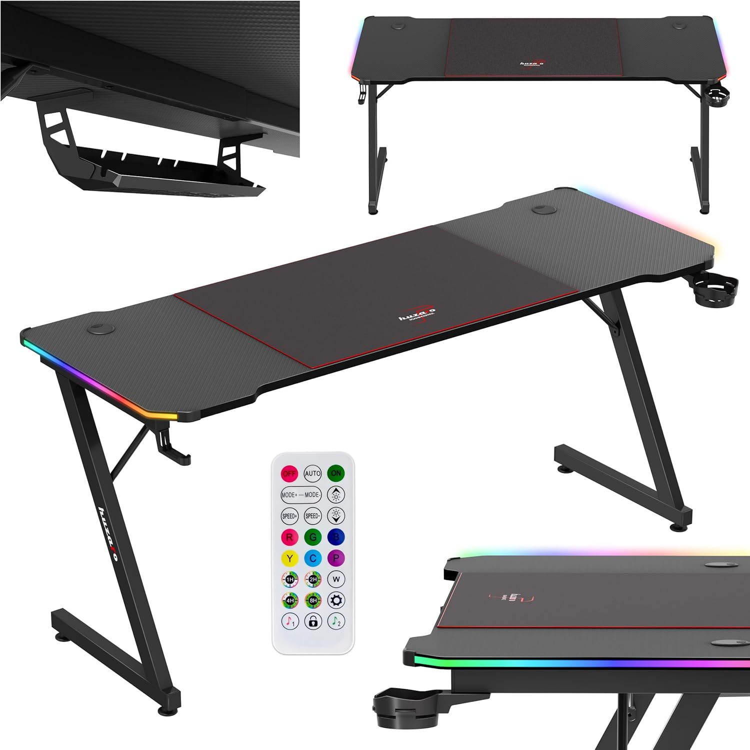 huzaro Hero 4.8 RGB | LED Gaming PC Tisch XXL Schreibtisch | Inklusive Mauspad | Kopfhörerhaken Getränkehalter | Kabelorganisator | Carbon Tischplatte | Stabiler Computertisch | 160x60cm | Schwarz