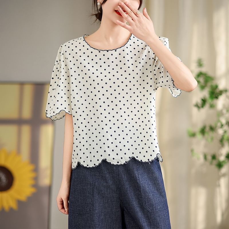Taragon - Blouse met korte mouwen, ronde hals en gestippelde rand