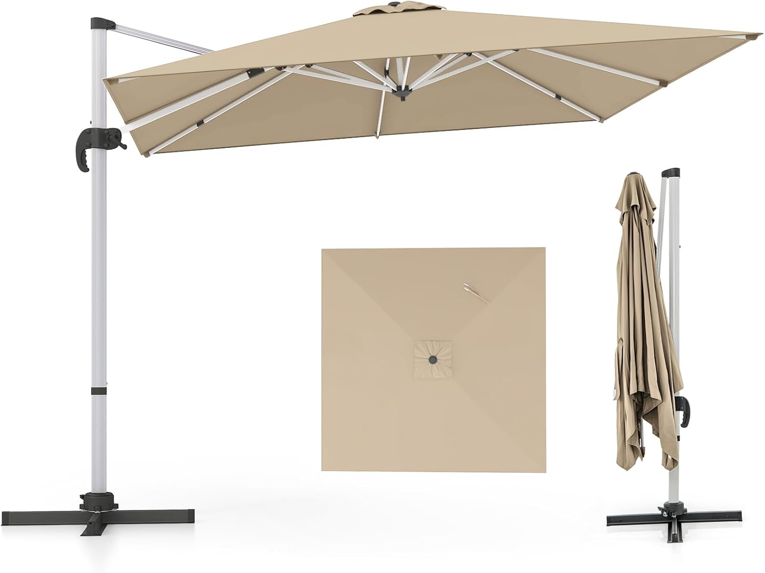 COSTWAY Sonnenschirm rechteckig 300 x 300 cm, großer Ampelschirm mit Kurbel, Gartenschirm neigbar, 360° drehbar, Terrassenschirm, Marktschirm für Garten, Terrasse, Balkon (Beige)