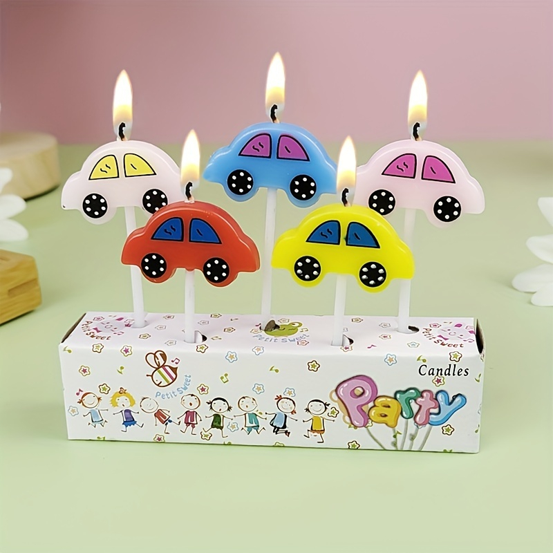 (5er Set) Mini Autos Geburtstags Kerzen Kuchenstecker Happy Birthday Deko für Torten / Kuchen - Bunt
