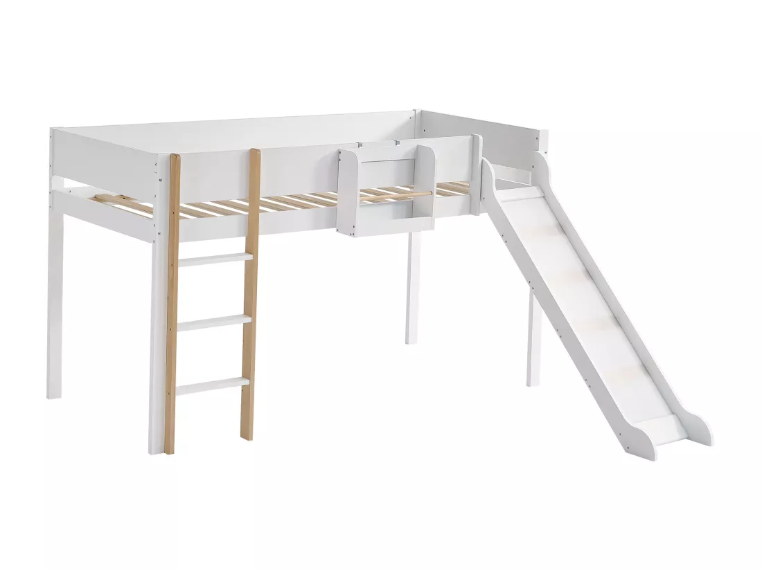 Lit mezzanine 90 x 200 cm avec toboggan et étagère amovible, pin+MDF, blanc+naturel