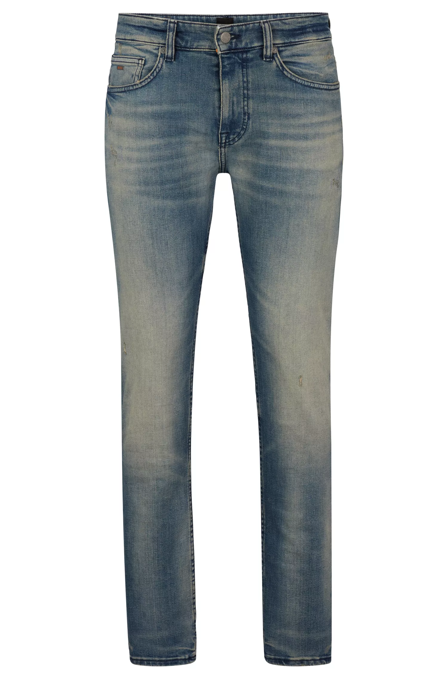 Calça jeans BOSS laranja, corte slim, em denim azul com tonalidade bege.