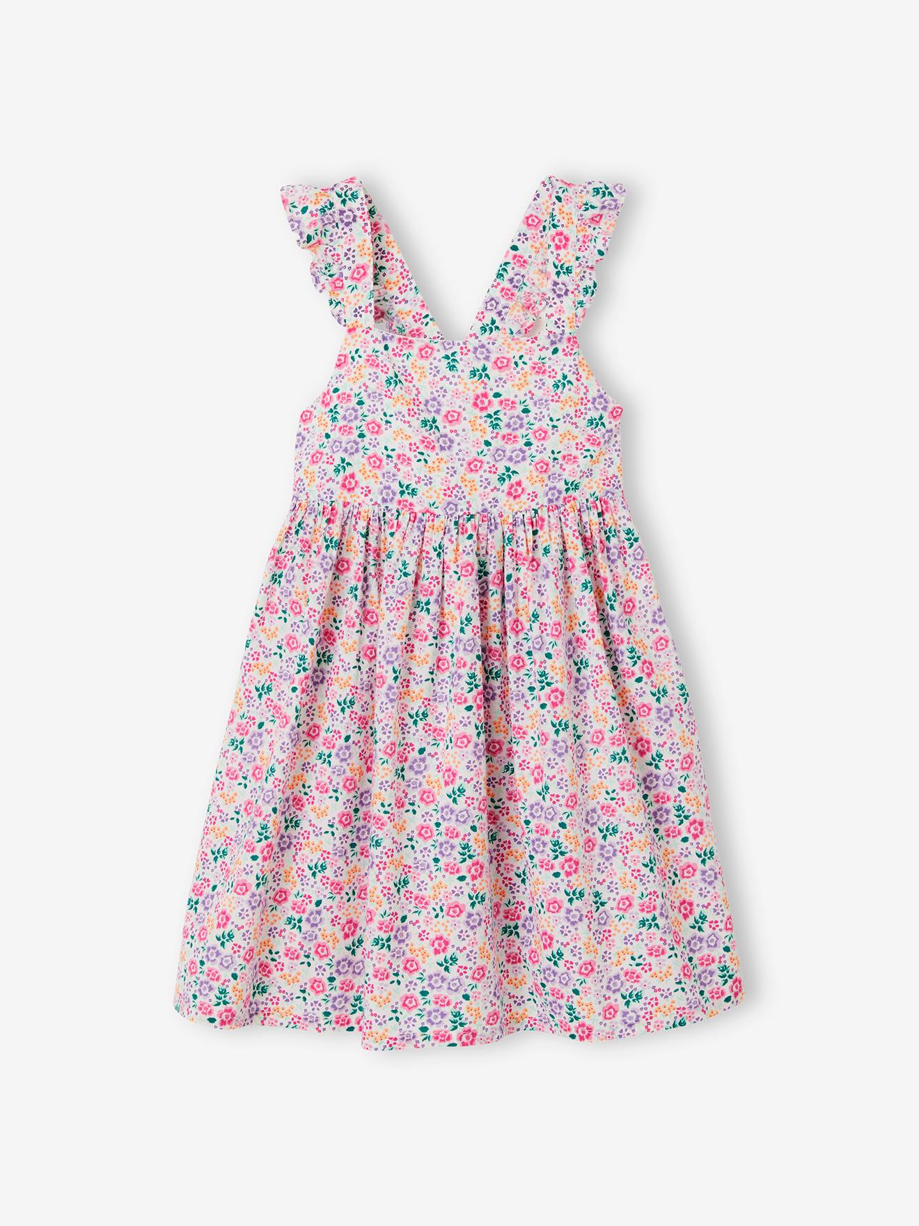 Vestido floral com alças e babados, para meninas, estampa branca clara.