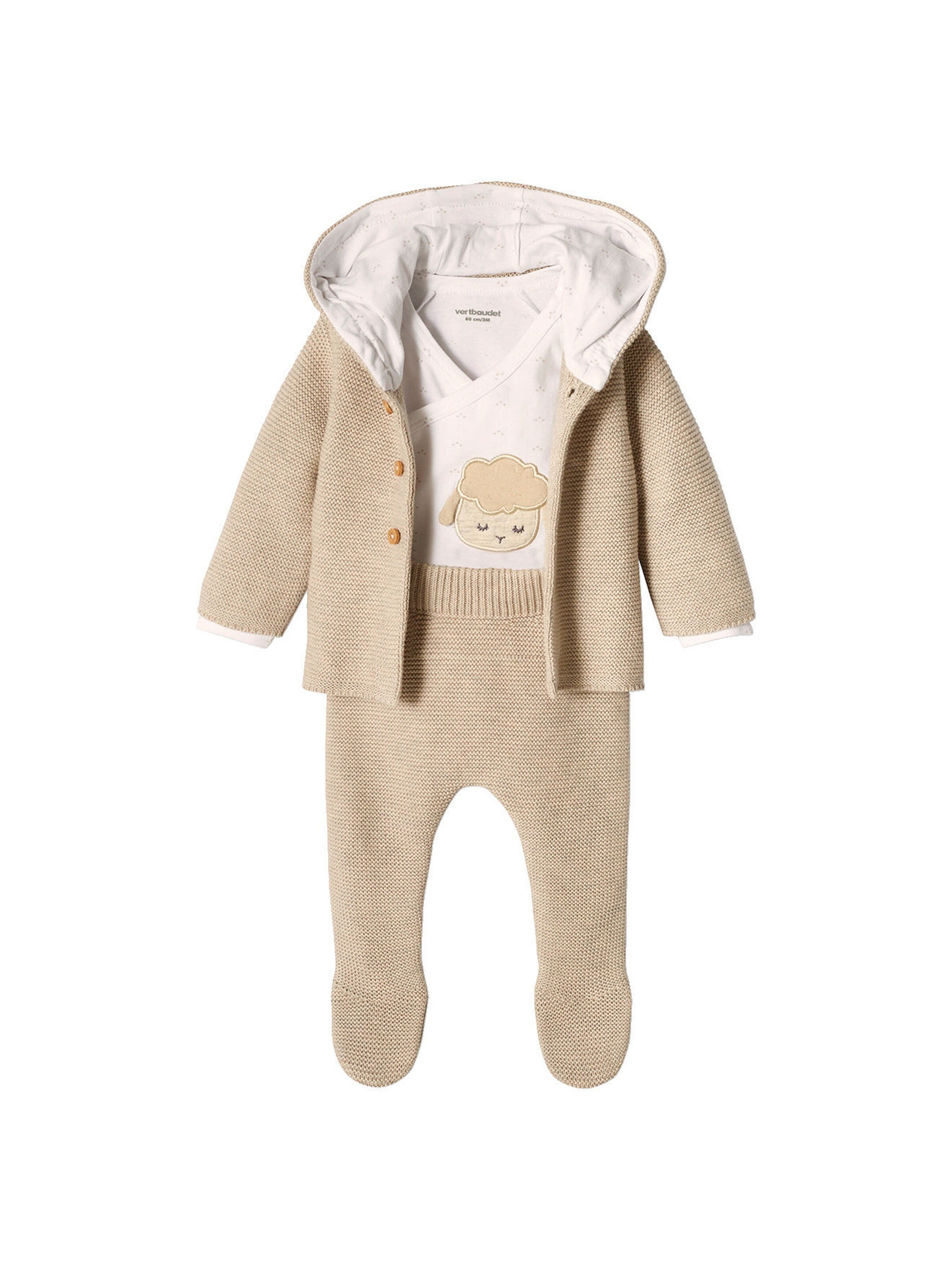 Vertbaudet Neugeborenen-Set: Strickjacke, Hose & Body beige meliert