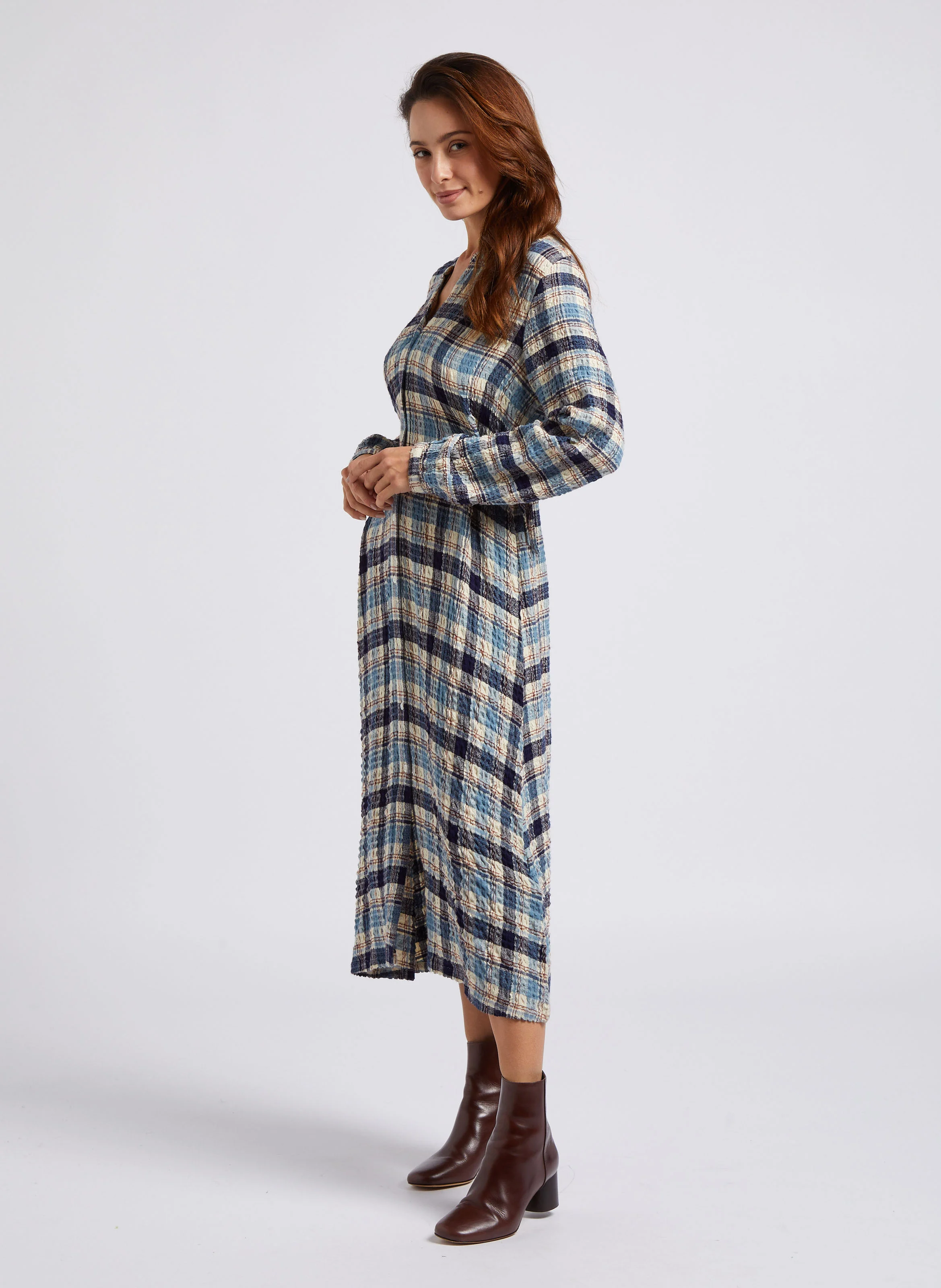 Robe longue droite à col V | Beige
