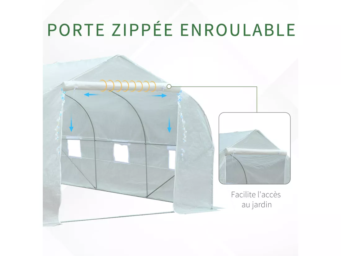 Serre tunnel de jardin dim. 4,45L x 2,99l x 2H m porte + 6 fenêtres enroulables acier galvanisé bâche PE haute densité blanc