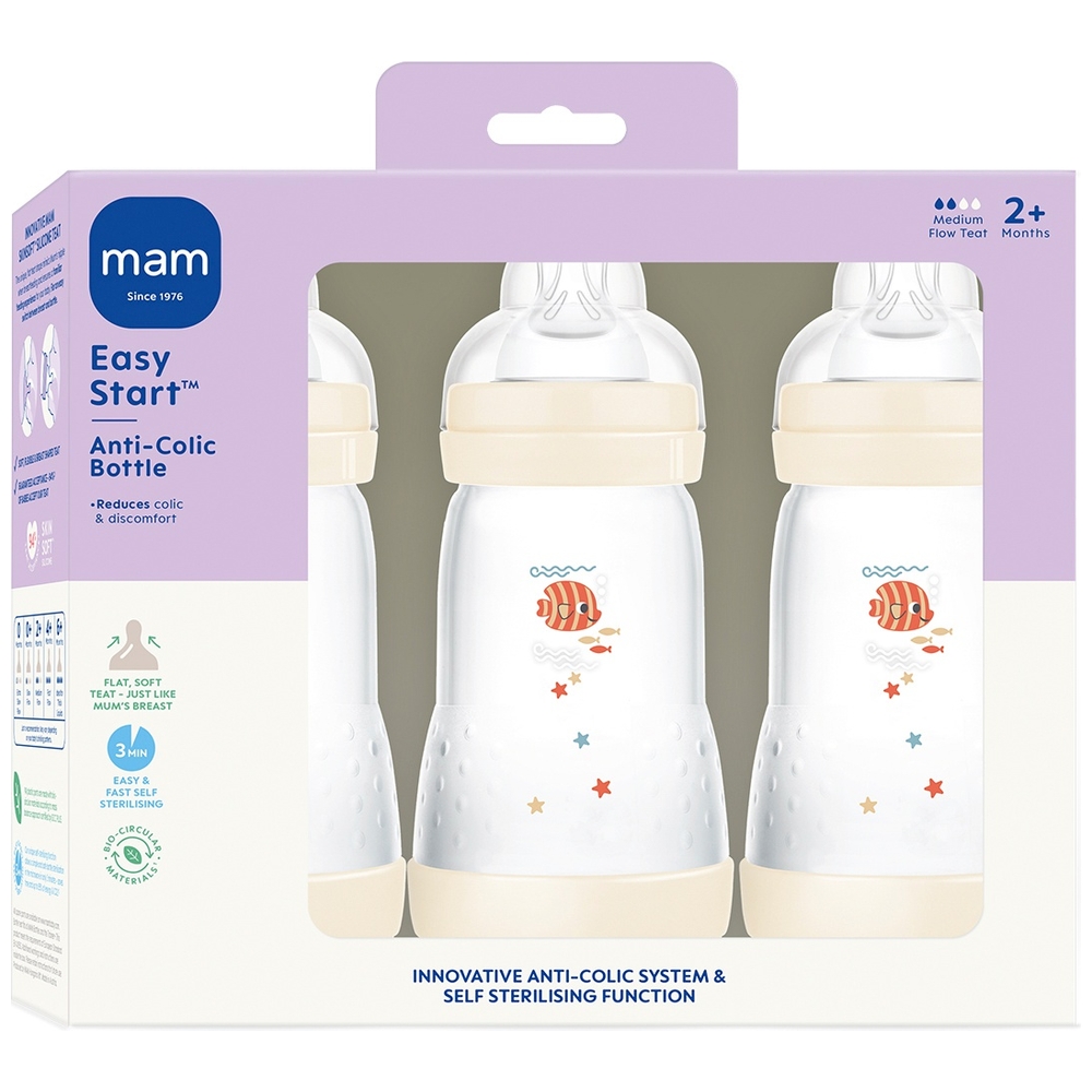 MAM Easy Start Selbststerilisierende Anti-Kolik-Babyflasche 260ml 3er-Pack Sortiment
