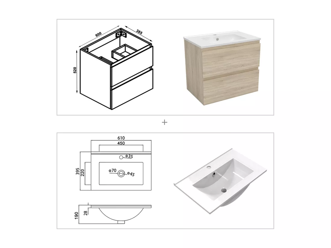 Meuble salle de Bain 60cm simple vasque avec colonne et miroir 3 couleurs Chêne Wotan