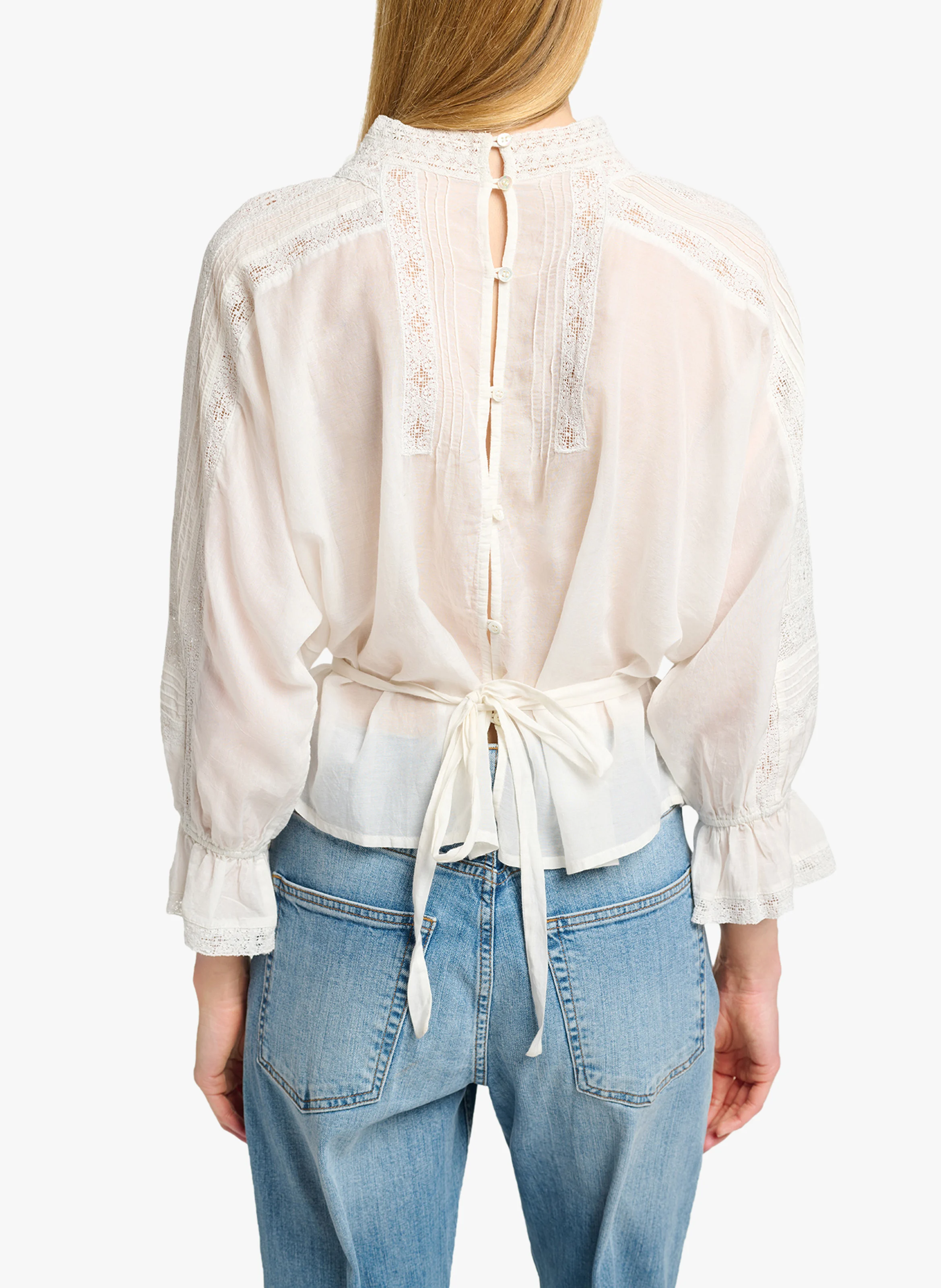 VIVA - Blouse col rond en dentelle et coton mélangé| Blanc