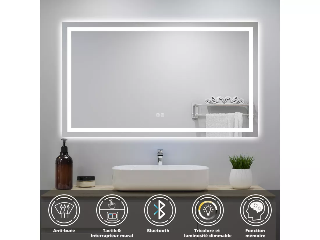 Miroir lumineux avec Bluetooth 120x70cm, Miroir de salle de bain avec anti-buée + 3 Couleurs + Dimmable, Miroir mural IP44 rectangulaire