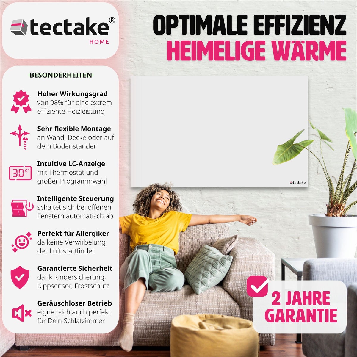 tectake frameloze infraroodstraler met thermostaat, eenvoudige wand- of plafondmontage, inclusief standaard