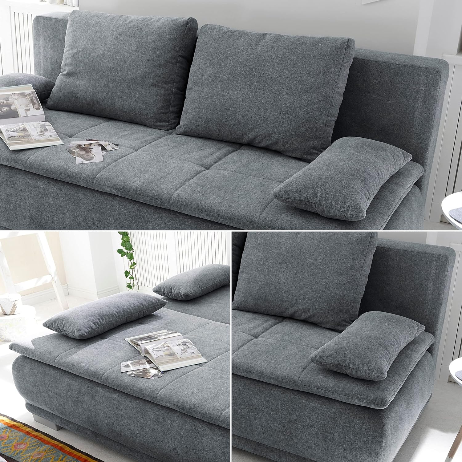 Stella Trading LUIGI Bequemes Schlafsofa mit Bettkasten, Stoffbezug Anthrazit - Klappbares Sofa mit Schlaffunktion und fest vernähtem Schaumtopper - 211 x 93 x 103 cm (B/H/T)
