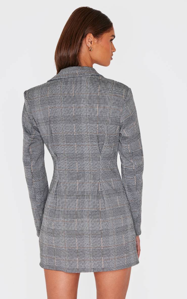 Washed Grey Robe Blazer À Carreaux Tissés Taille Cintrée Et Manches Longues