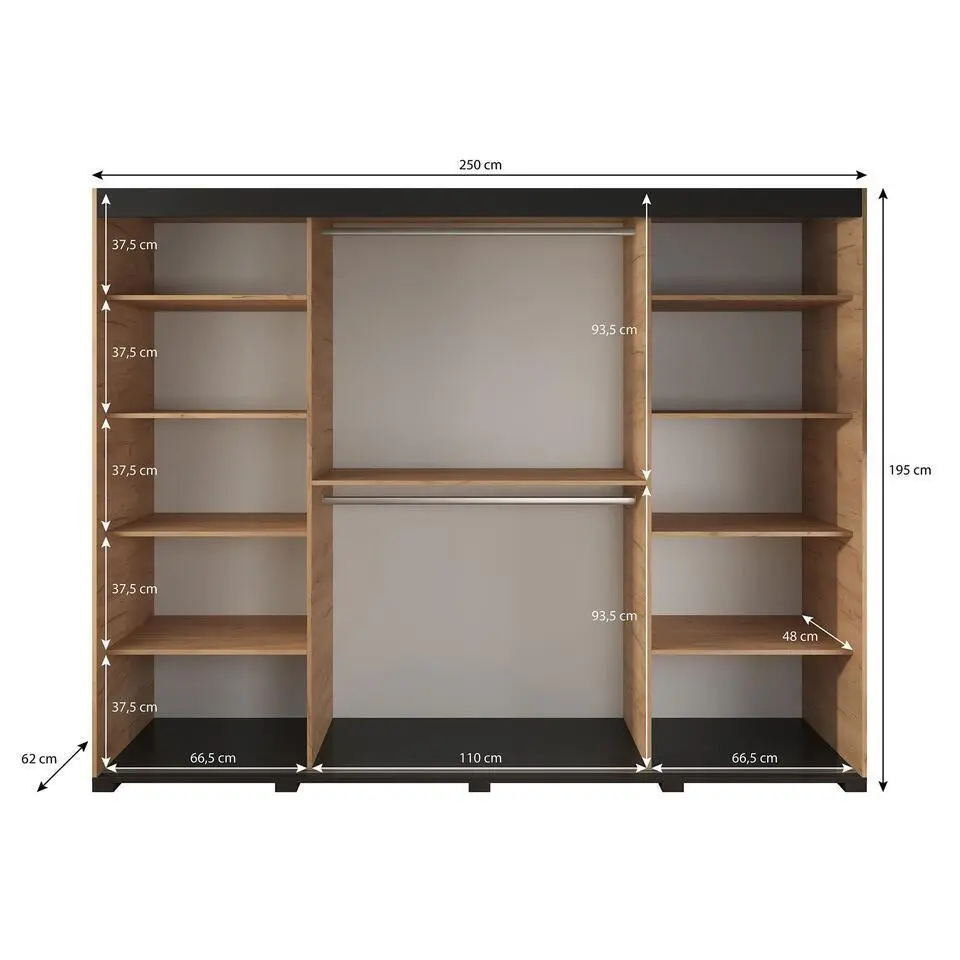 Meubella - Kledingkast Fabio - Eiken - 250 cm - Met spiegel