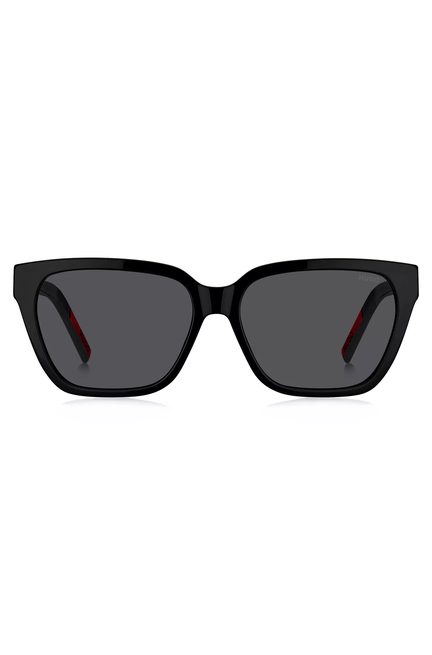 Óculos de sol HUGO em acetato vermelho e preto com hastes personalizadas.