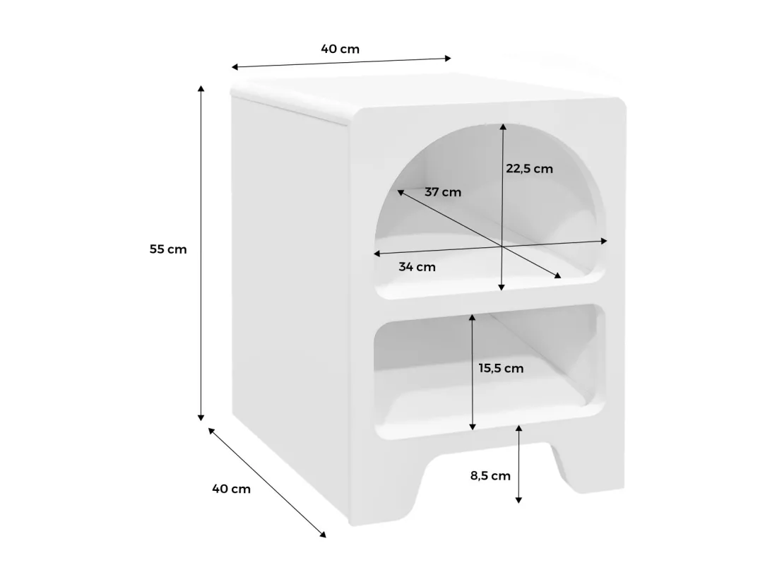Table de chevet organique effet bois blanc. plusieurs niches 2 compartiments de rangement