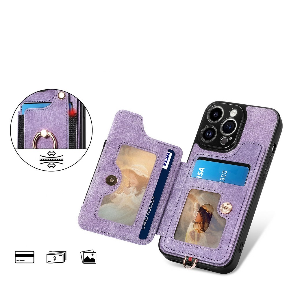 iPhone 14 Pro Necklace Leder Hülle mit Kartenfächer   Finger Griff Halterung   Handykette (RFID Schutz) - Lila