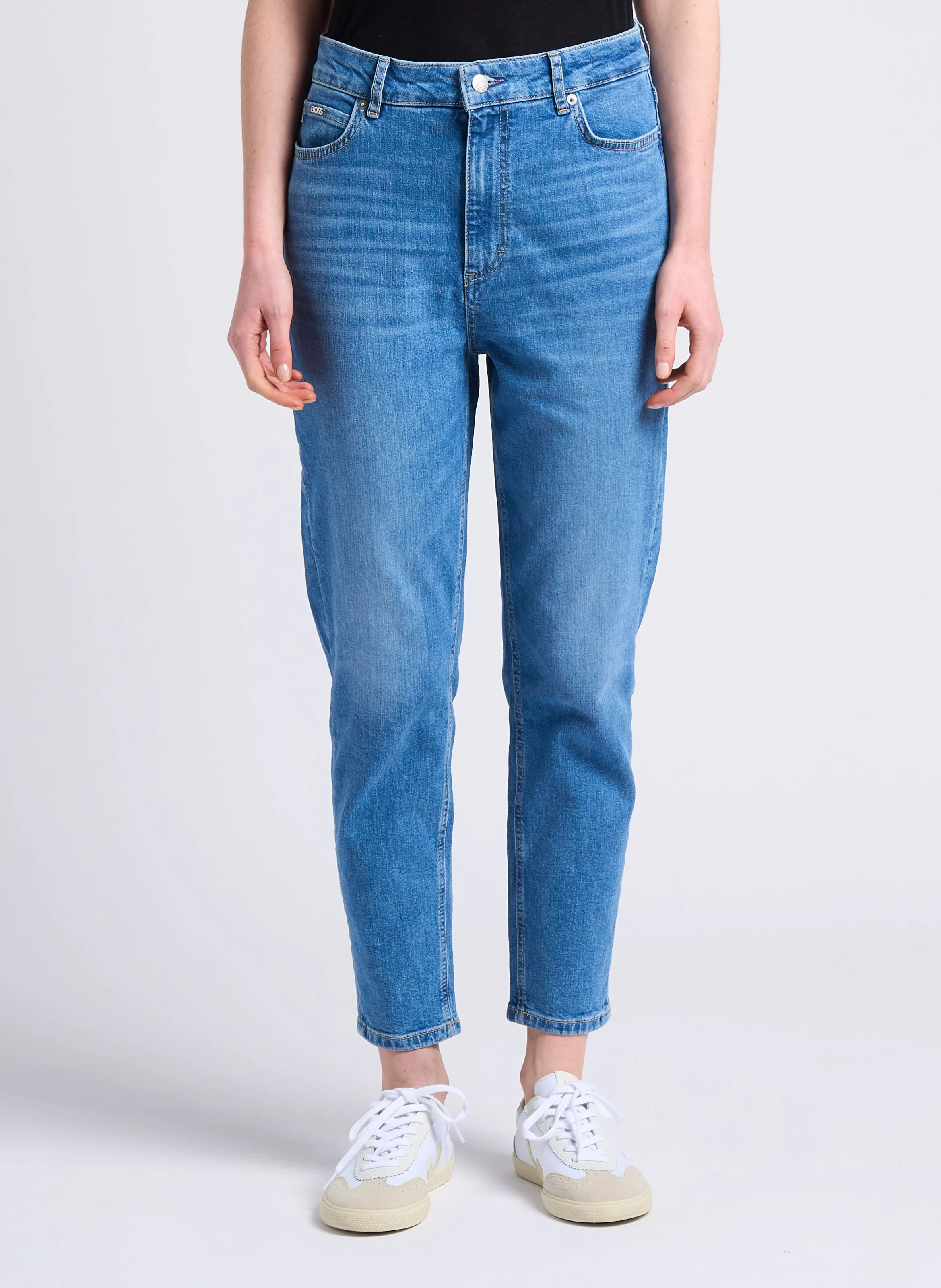 Jean mom-fit délavé taille haute en coton | Bleu