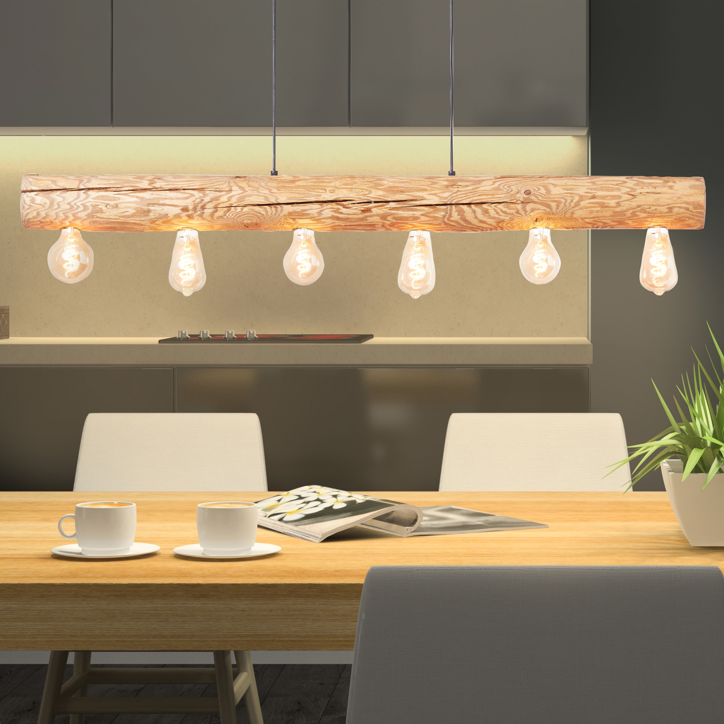 Brilliant Pendelleuchte »Trabo« E27 1 Stk. 105cm Höhe, 115cm Breite, 6x E27, kürzbar, Holz/Metall, kiefer gebeizt