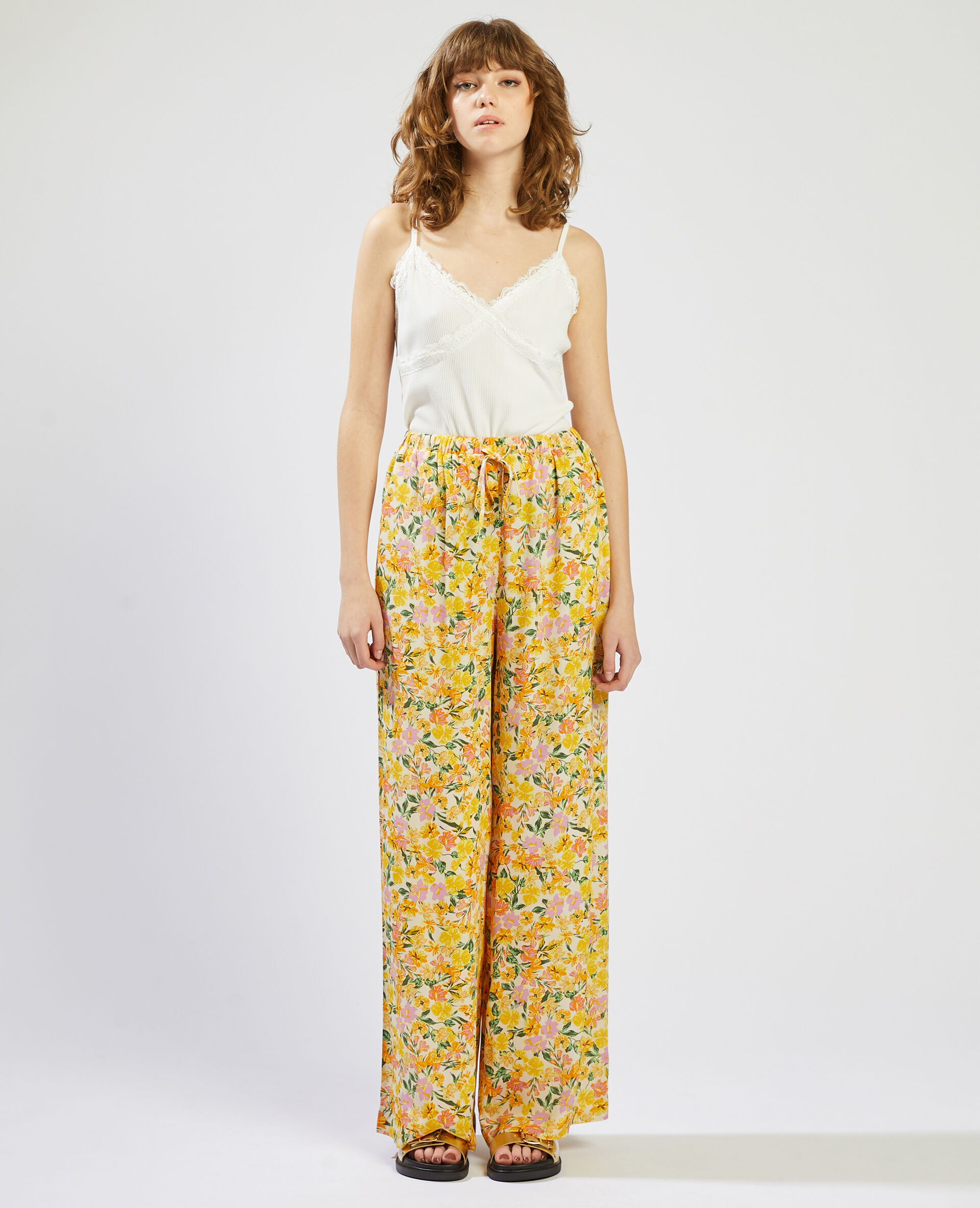 Pantalon fluide à motif fleurs - Orange